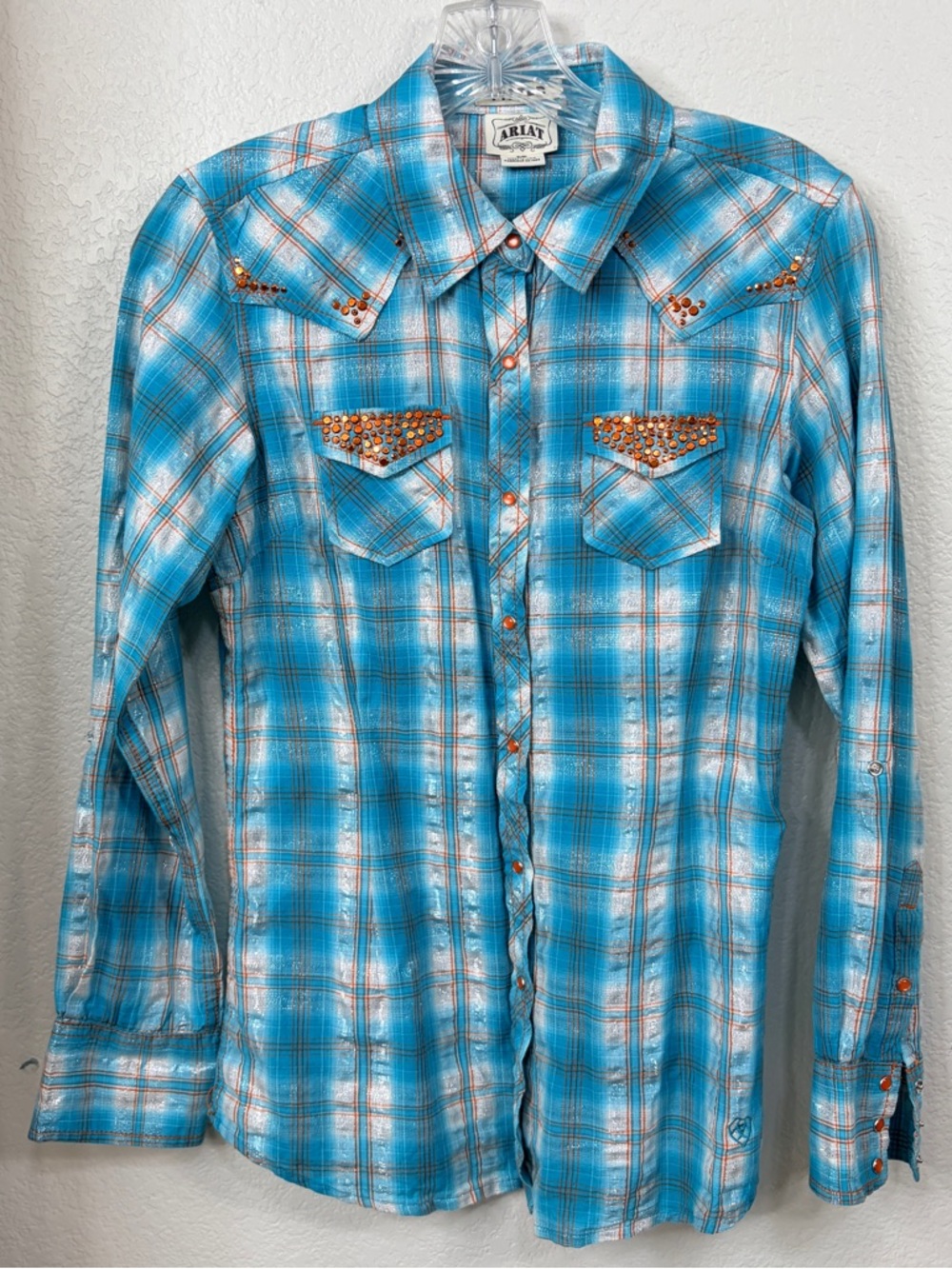 Ariat Fitted Small Snap Plaid Button Down Shirt Rodeo Long Sleeve Teal Bronze